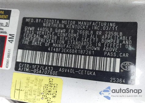 2011 Toyota Camry Xle z USA, uszkodzony, nr VIN 4T4BF3EK6BR187261